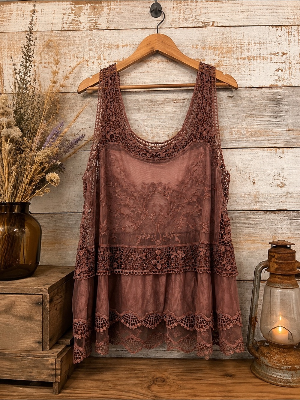 🌸 Ricki's Dusty Rose Crochet & Lace Tank